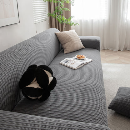 3D Grid Jacquard Sofa Cover, High Stretch Plush Waffle Couch Slipcover with Tie Straps