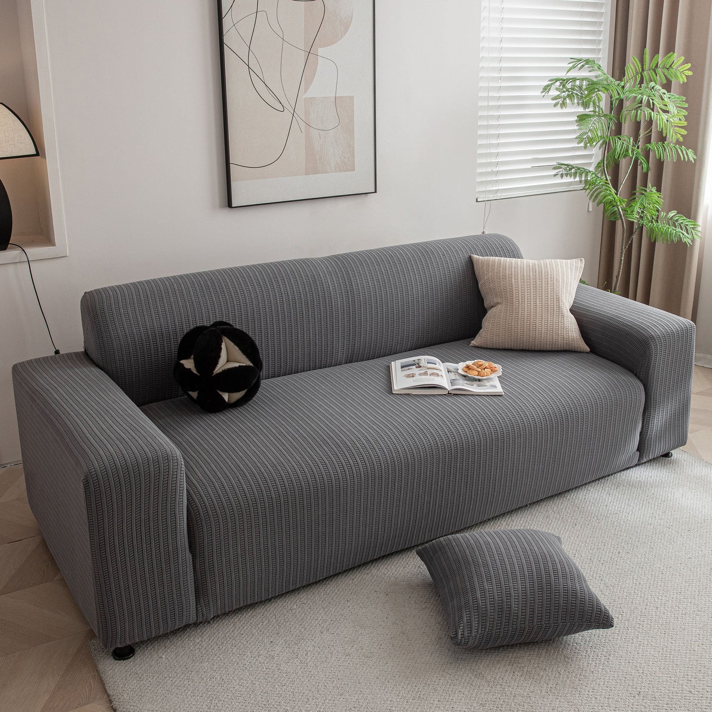 3D Grid Jacquard Sofa Cover, High Stretch Plush Waffle Couch Slipcover with Tie Straps
