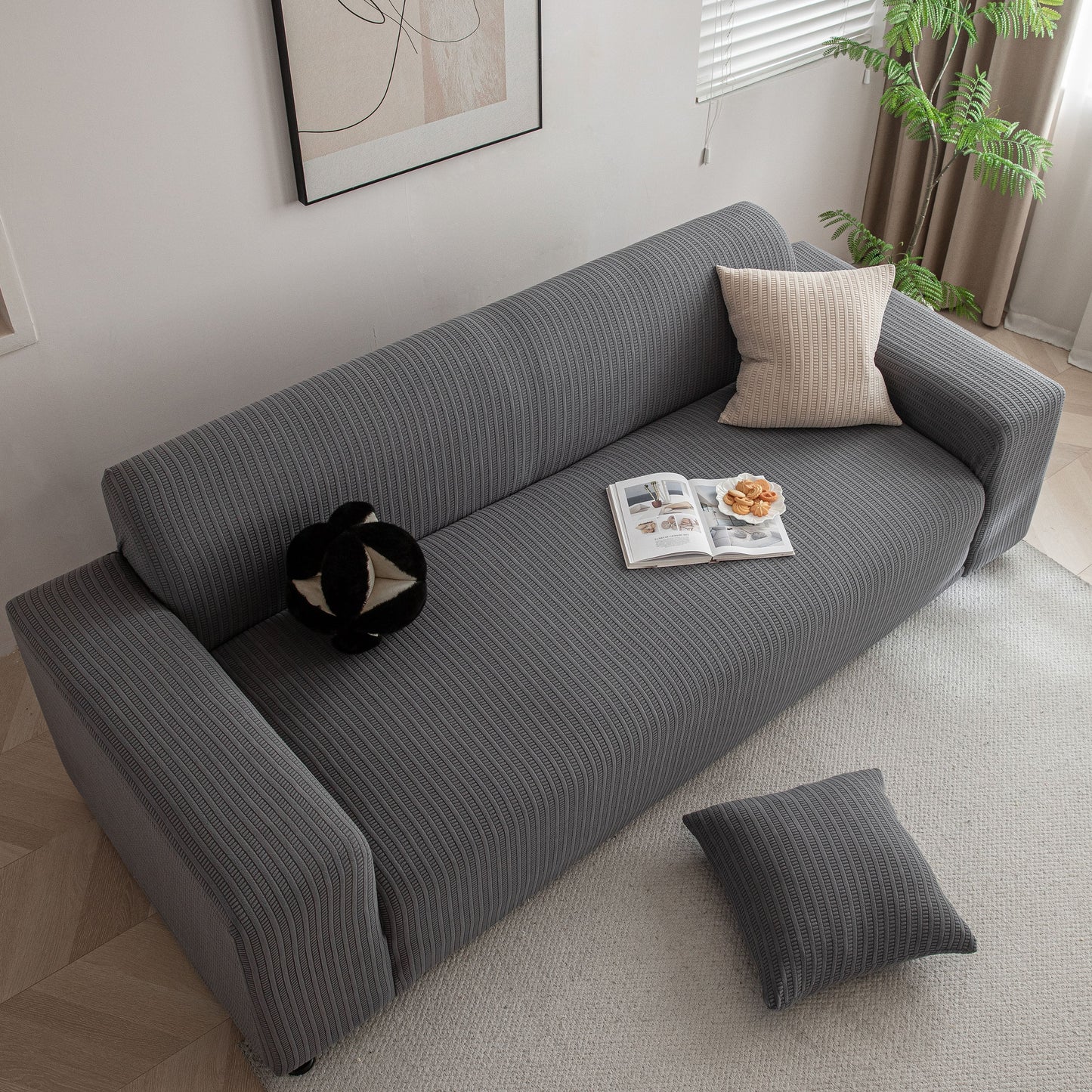 3D Grid Jacquard Sofa Cover, High Stretch Plush Waffle Couch Slipcover with Tie Straps