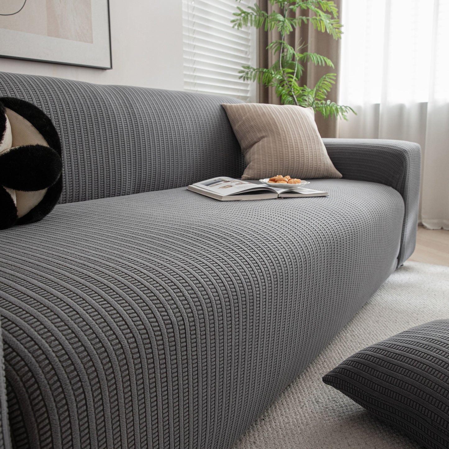 3D Grid Jacquard Sofa Cover, High Stretch Plush Waffle Couch Slipcover with Tie Straps