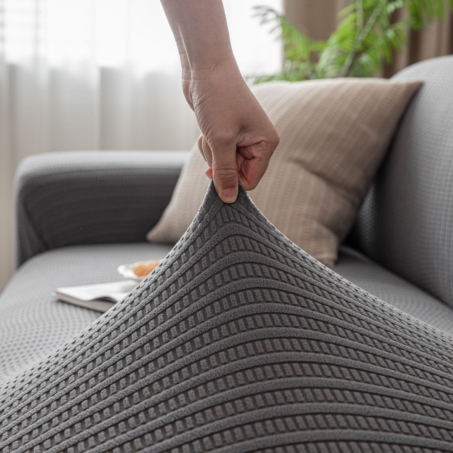 3D Grid Jacquard Sofa Cover, High Stretch Plush Waffle Couch Slipcover with Tie Straps