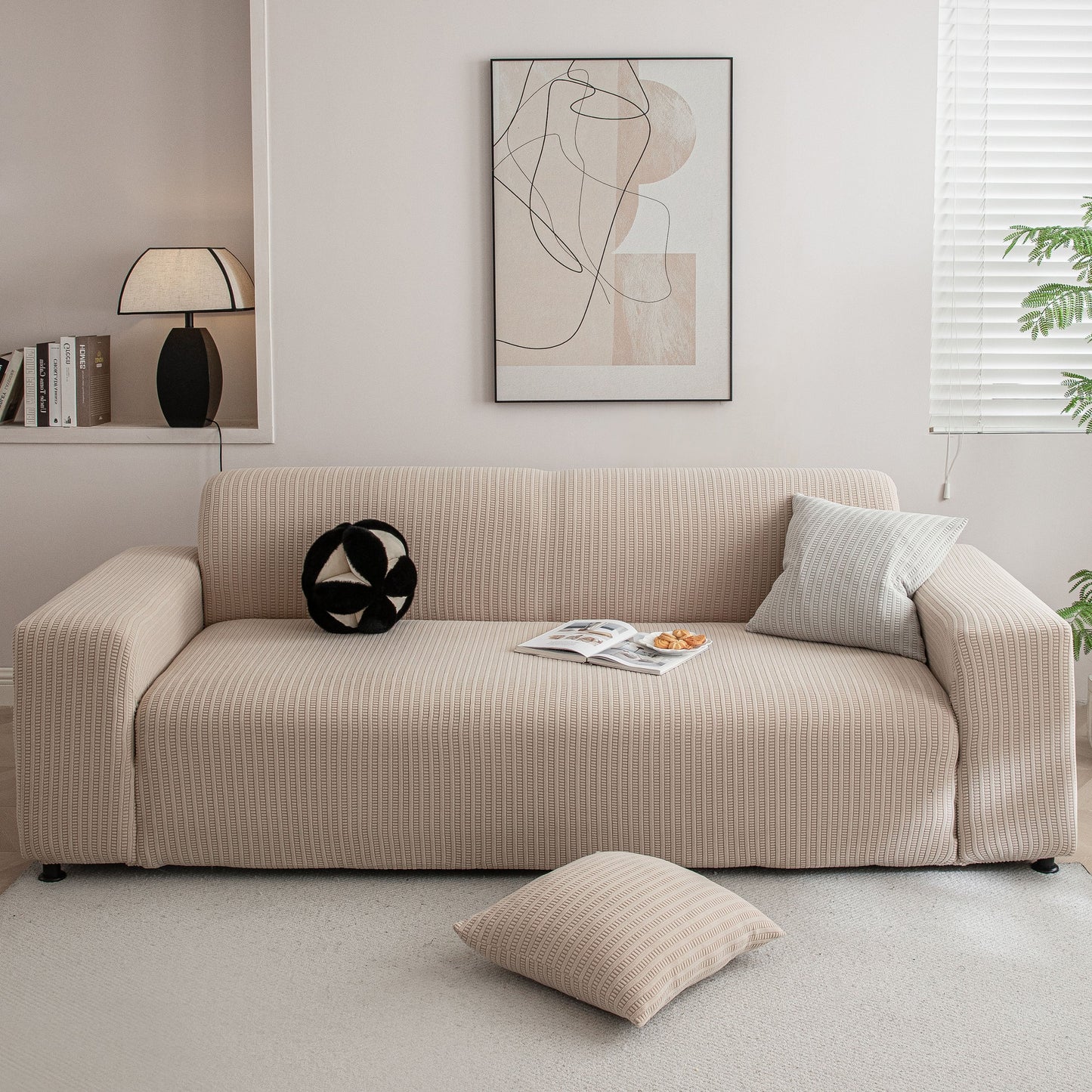 3D Grid Jacquard Sofa Cover, High Stretch Plush Waffle Couch Slipcover with Tie Straps