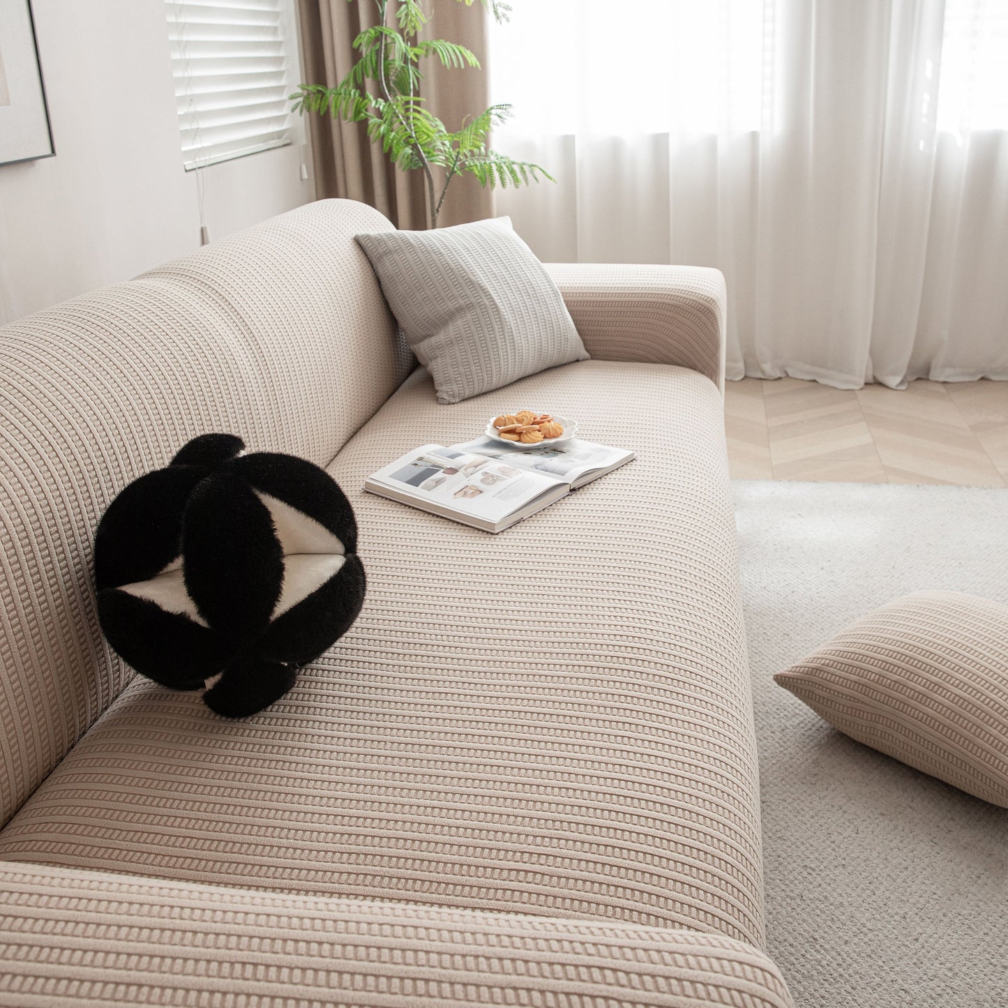 3D Grid Jacquard Sofa Cover, High Stretch Plush Waffle Couch Slipcover with Tie Straps