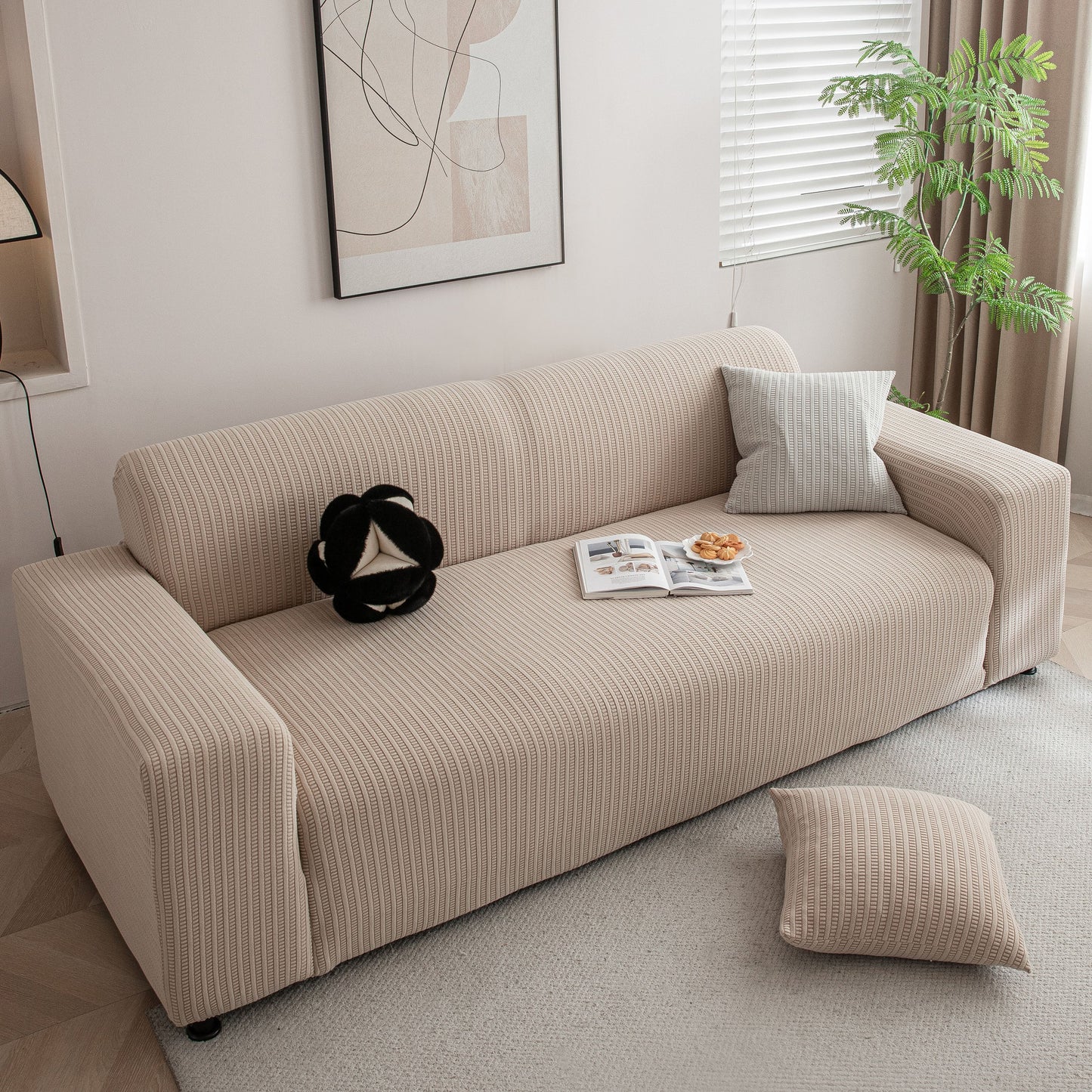 3D Grid Jacquard Sofa Cover, High Stretch Plush Waffle Couch Slipcover with Tie Straps