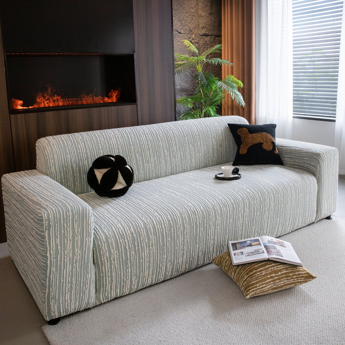 High Stretch Couch Slipcover with Abstract Stripe, Washable Non-Slip Cover for Dogs