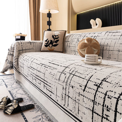 Modern Couch Protector Blanket Woven Chenille Sofa Cover Throw with Artistic Grid