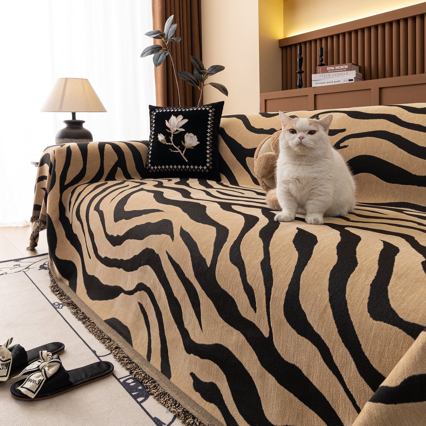Zebra Striped Chenille Throw Sofa Cover Full-Cover Decorative Furniture Slipcover
