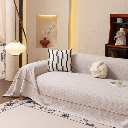 Jacquard Ice Silk Sofa Throw Cover with Gold Trim, Summer Cooling Couch Slipcover