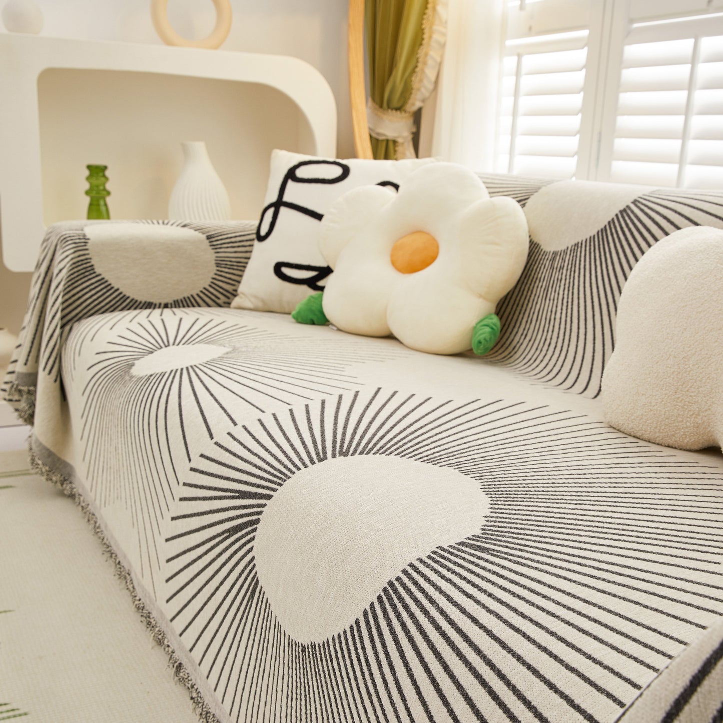 Geometric Radial Striped L-Shape Sofa Cover: Thick, Reversible Furniture Blanket for Kids and Pets