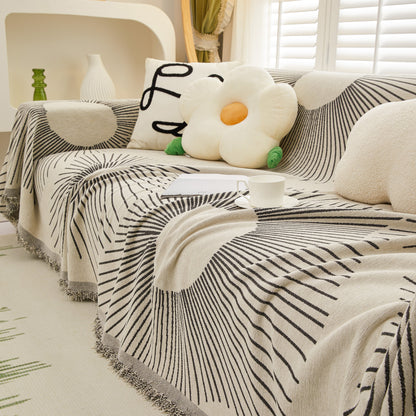 Geometric Radial Striped L-Shape Sofa Cover: Thick, Reversible Furniture Blanket for Kids and Pets