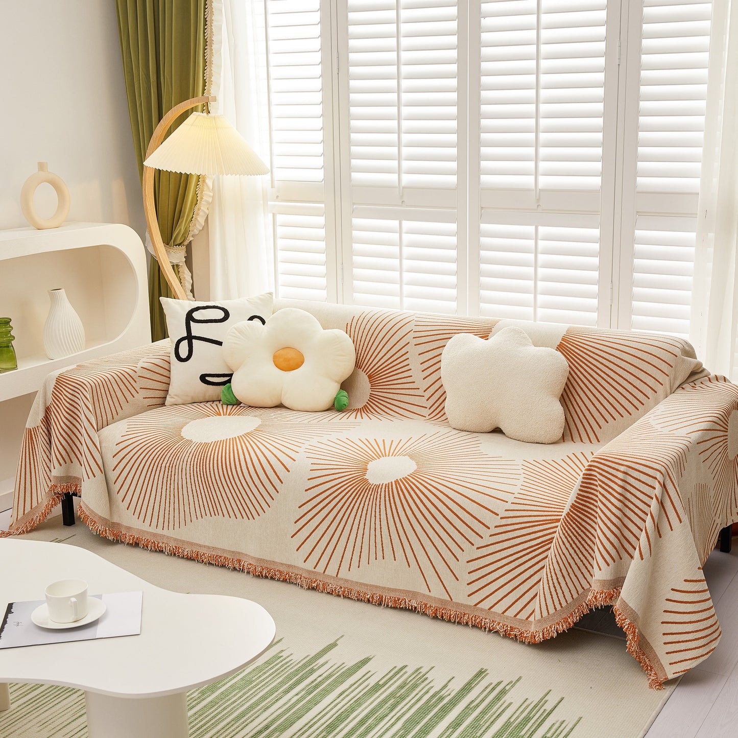 Geometric Radial Striped L-Shape Sofa Cover: Thick, Reversible Furniture Blanket for Kids and Pets