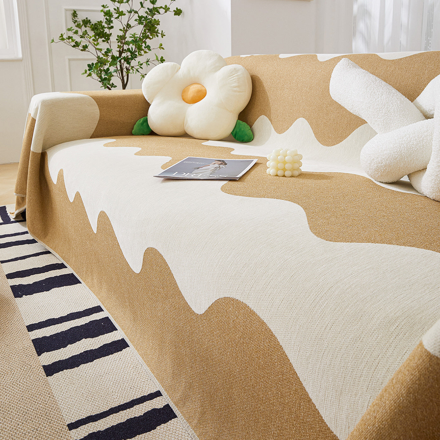 Chenille Minimalist Wavy Sofa Throw Cover, Cozy Blankets for Couch, Machine Washable Couch Protector
