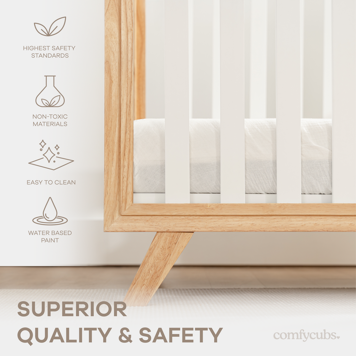 Baby Crib for 0 to 3 Years - White Bars and Natural Wood Frame and Legs