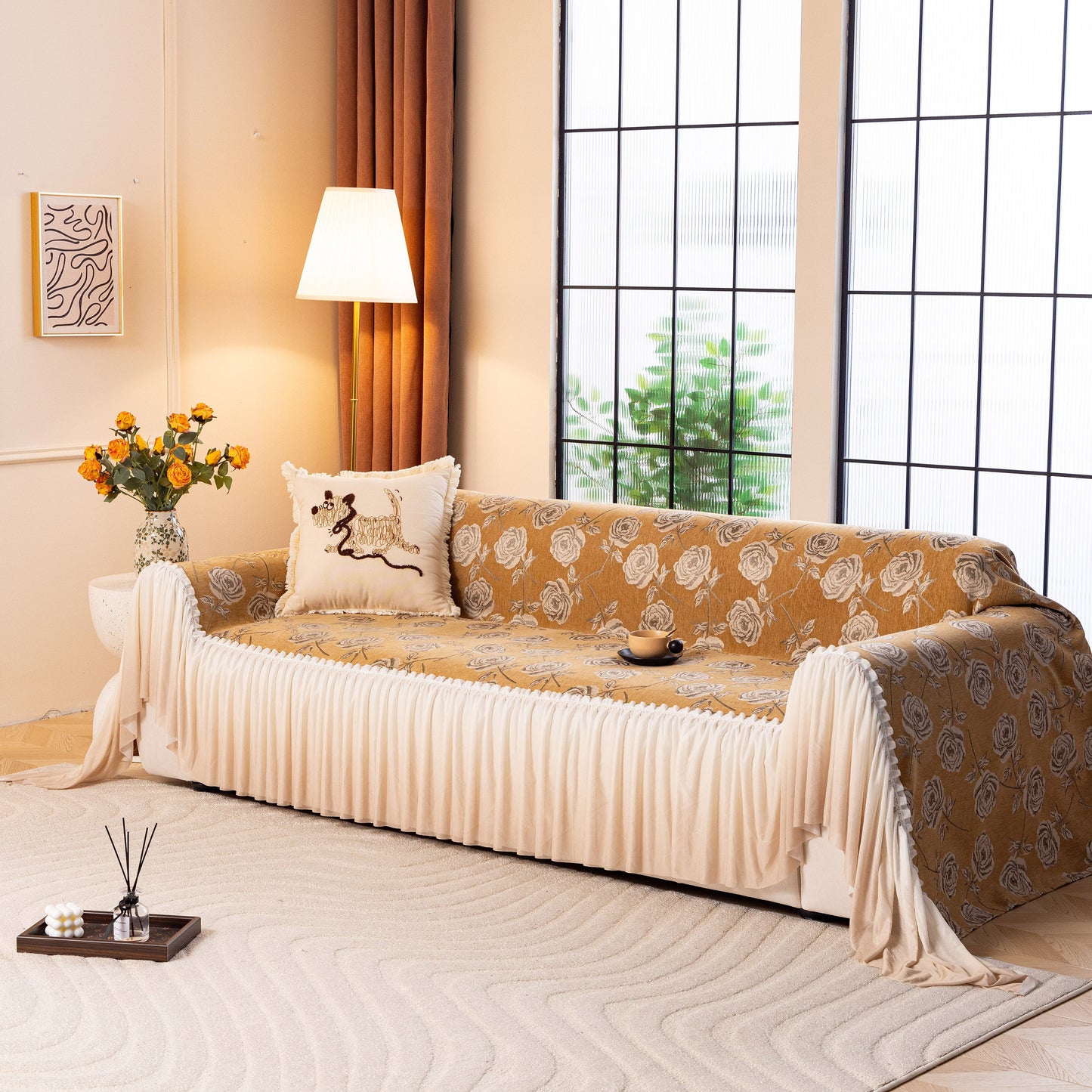 French Country Floral Sofa Cover with Ruffled Skirt, Farmhouse Decor for Living Room