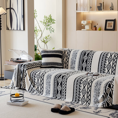 Bohemian Tufted Sofa Cover, Plush Fleece Throw Blanket with 3D Woven Aztec Stripes