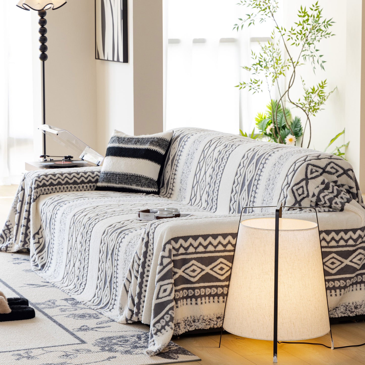 Bohemian Tufted Sofa Cover, Plush Fleece Throw Blanket with 3D Woven Aztec Stripes
