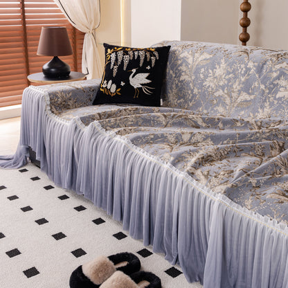 Elegant Botanical Sofa Cover with Pleated Tulle Skirt, Vintage Floral Couch Protector