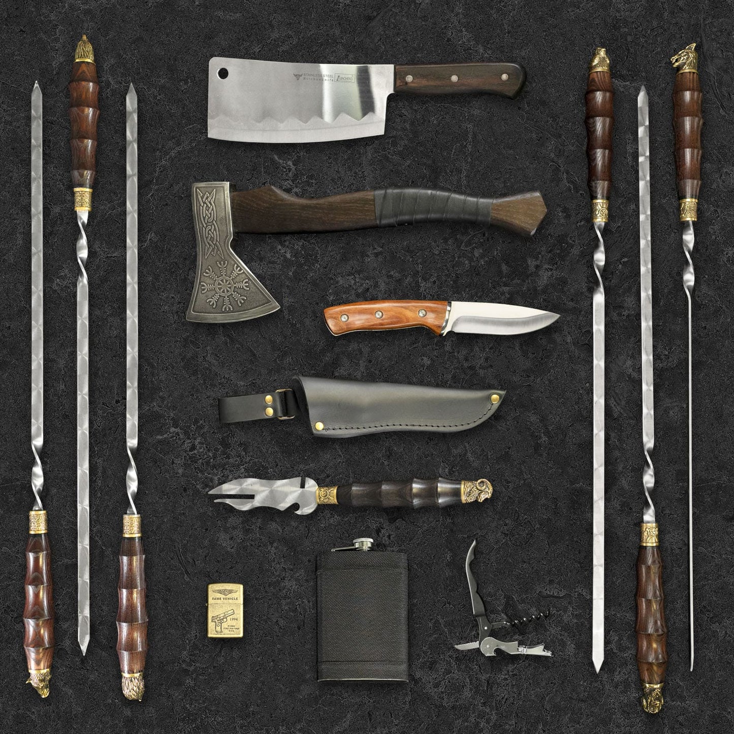 "Jotun" BBQ Tools Skewers Set in a Wooden Case, 32 items