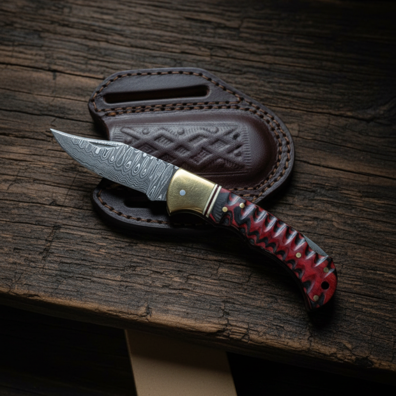 Crimson Ridge Damascus Folding Knife - TK-432