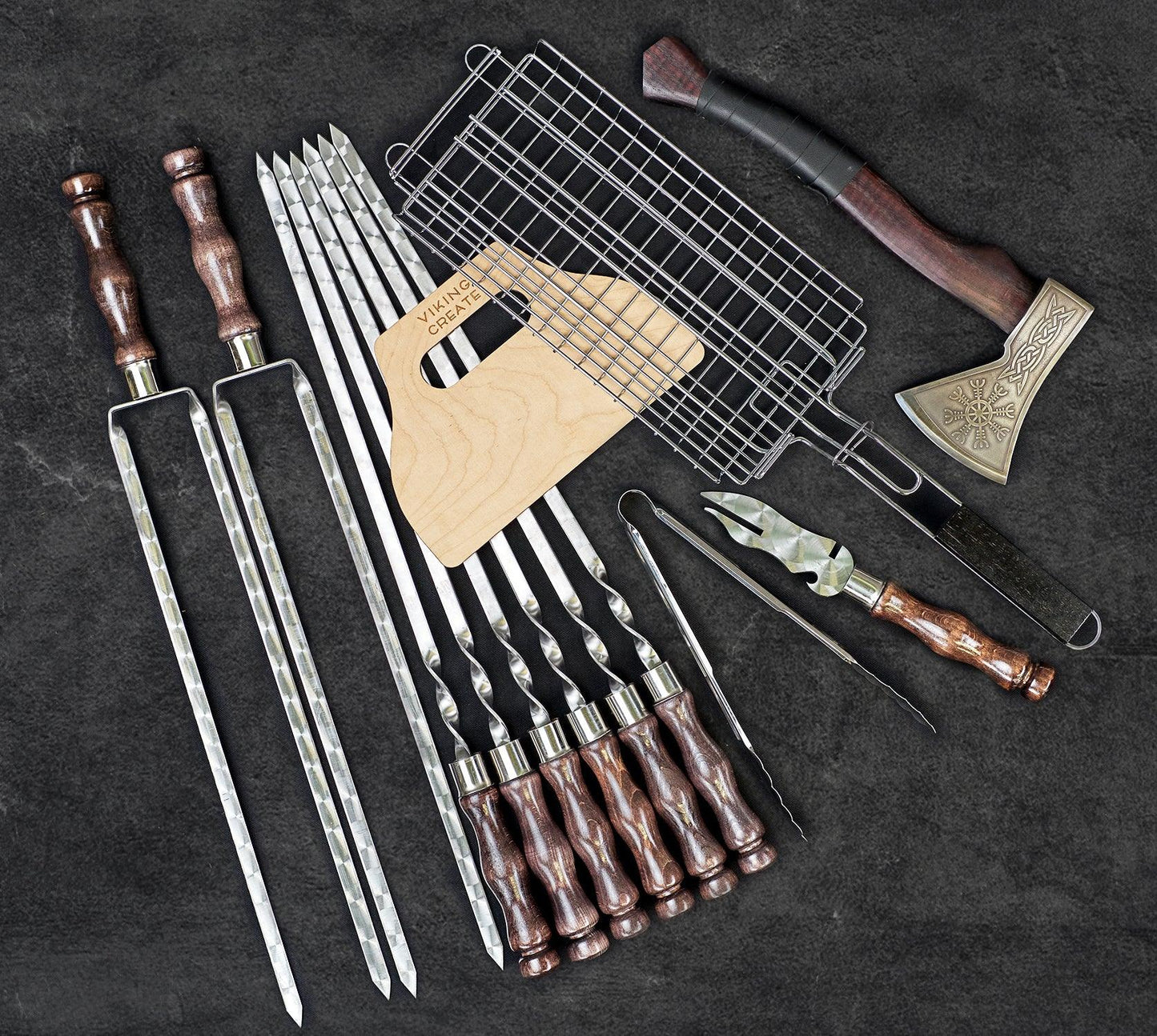 “Thor" Camping Accessories BBQ Skewers Set  in a Wooden Case, 42 items