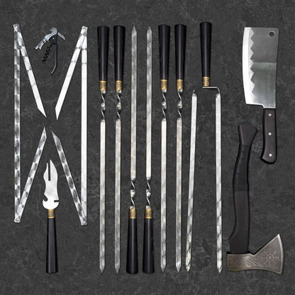 "Zebra" Grilling Accessories BBQ Skewers Set in a Wooden Case, 39 items