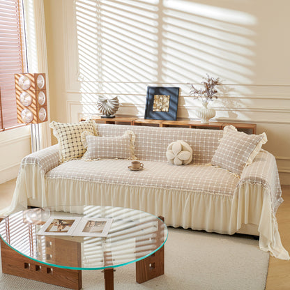 Grid Textured Sofa Cover with Sheer Ruffle Skirt, Pet-Friendly Sofa Throw Slipcover