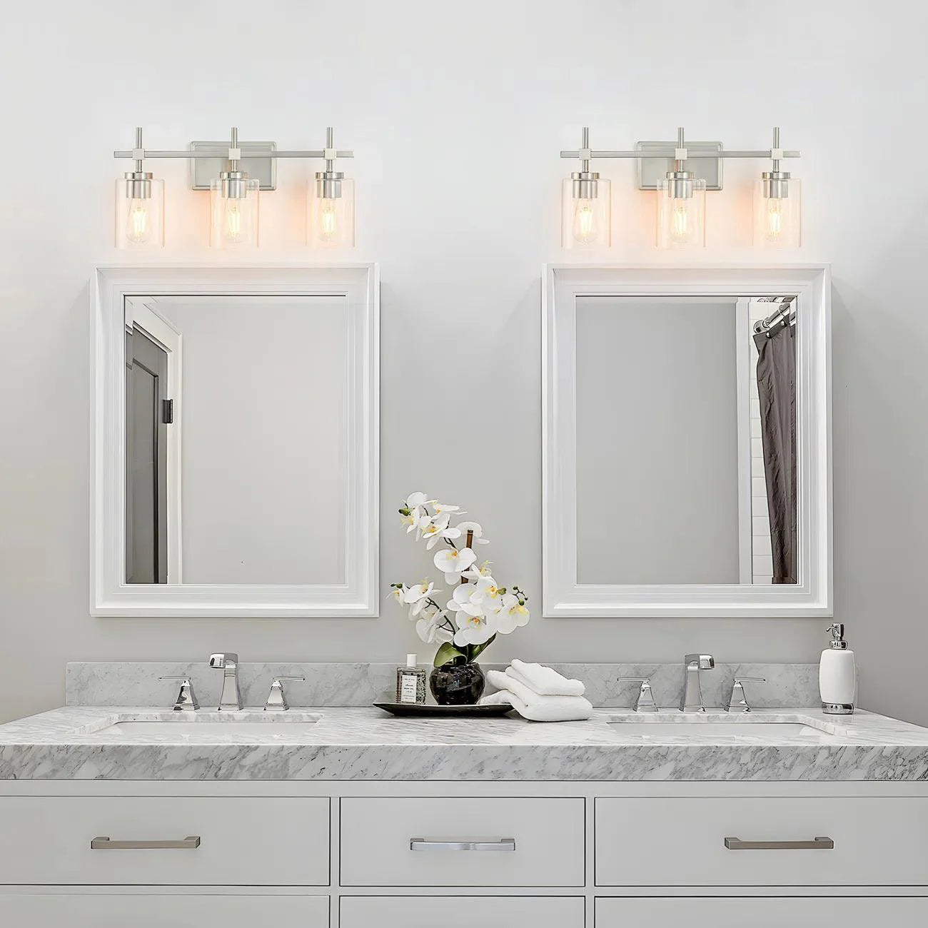 Jasper 3-Light Modern Clear Glass Bathroom Vanity Light, Black & Nickel
