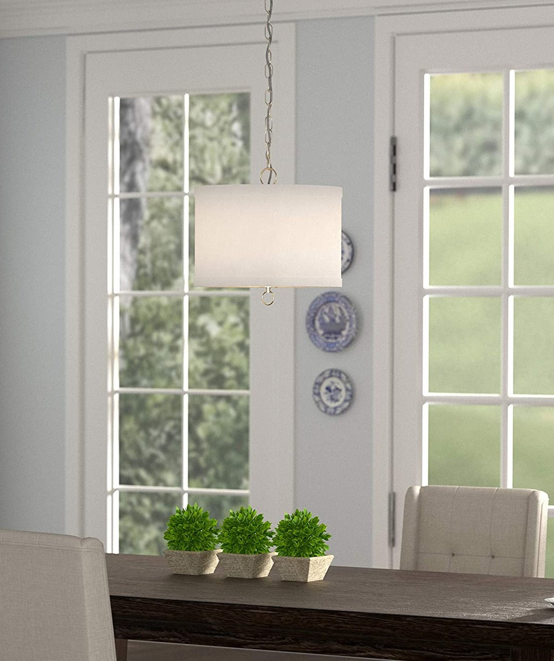 14"W Light Pendant Brushed Nickel Finish with Oatmeal Linen Shade
