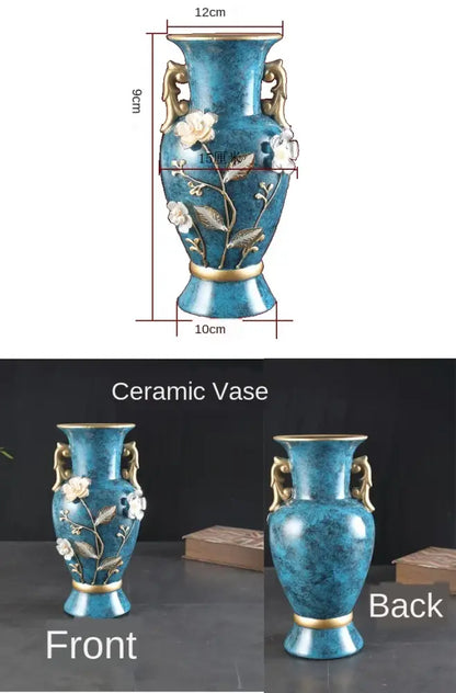 Teal and gold floral ceramic vase for dried flowers living room