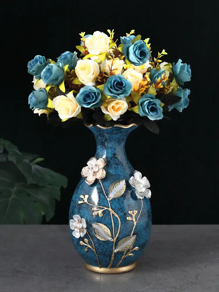 Teal and gold floral ceramic vase for dried flowers living room
