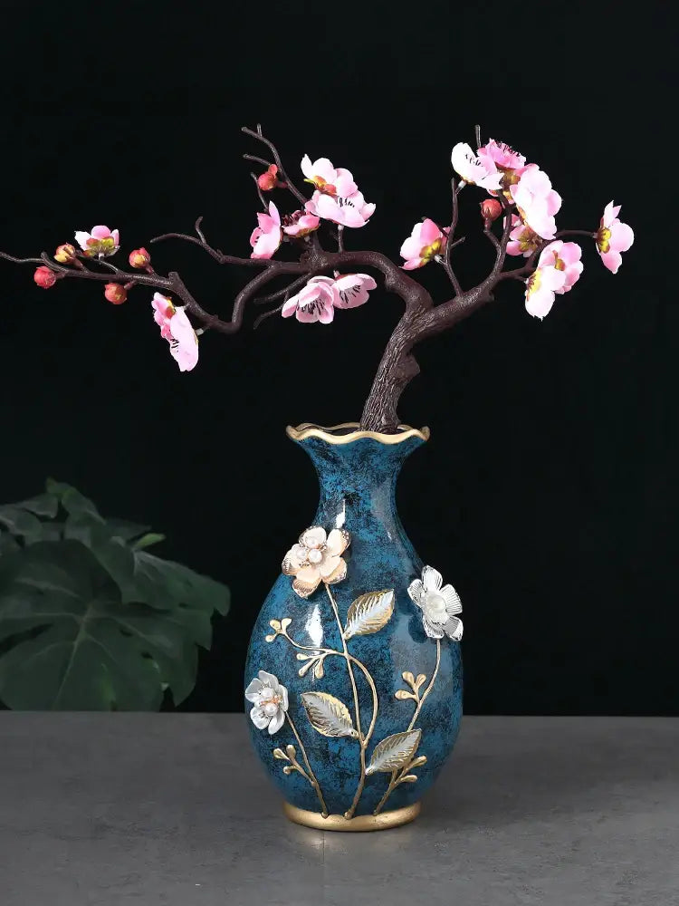 Teal and gold floral ceramic vase for dried flowers living room