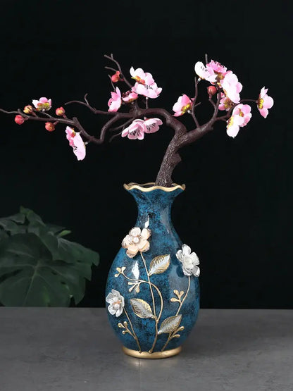 Teal and gold floral ceramic vase for dried flowers living room