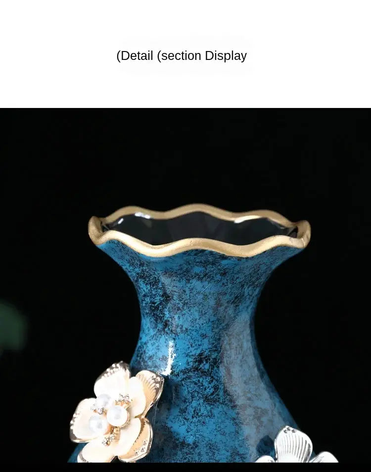 Teal and gold floral ceramic vase for dried flowers living room
