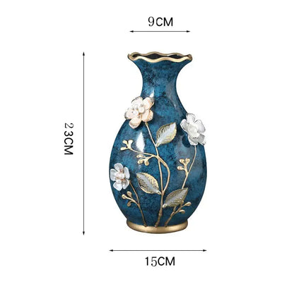 Teal and gold floral ceramic vase for dried flowers living room