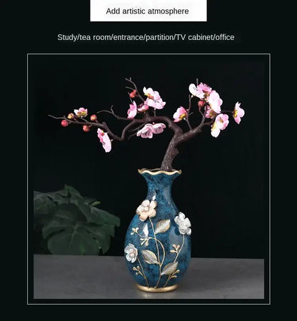 Teal and gold floral ceramic vase for dried flowers living room