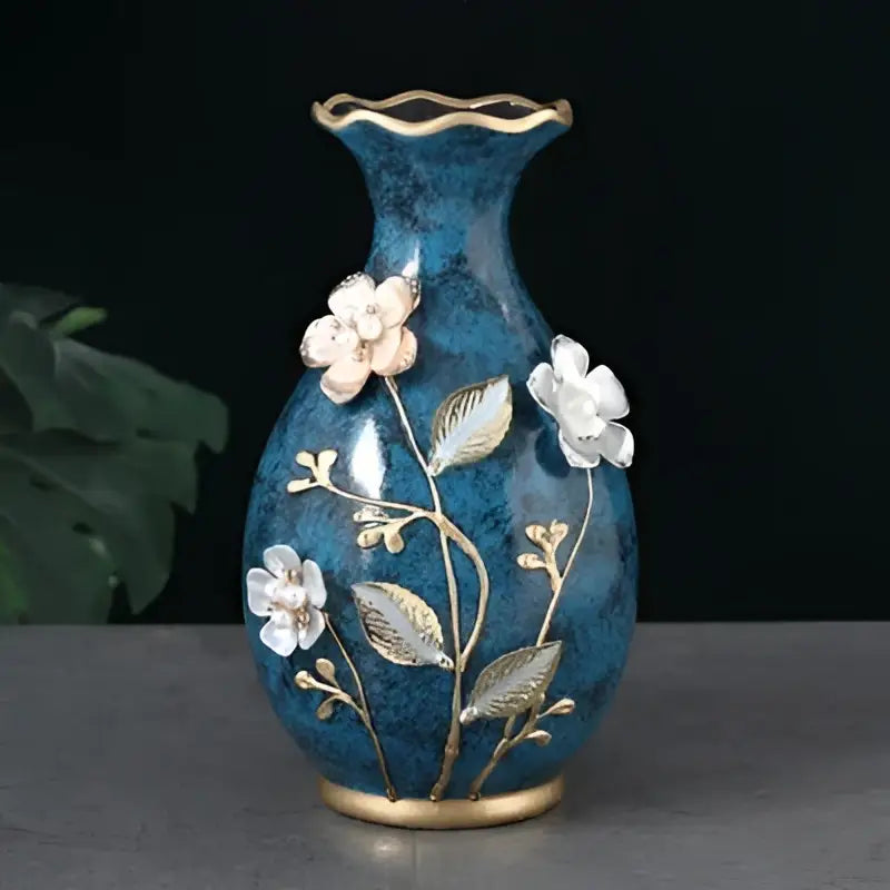 Teal and gold floral ceramic vase for dried flowers living room