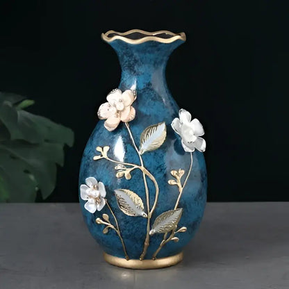 Teal and gold floral ceramic vase for dried flowers living room