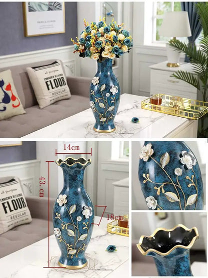 Teal and gold floral ceramic vase for dried flowers living room