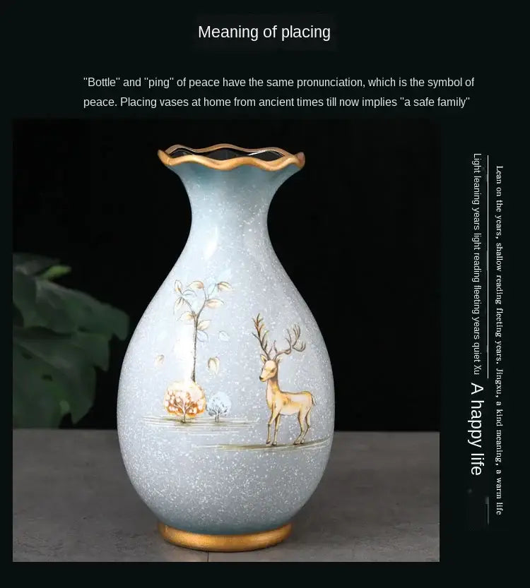 Teal and gold floral ceramic vase for dried flowers living room