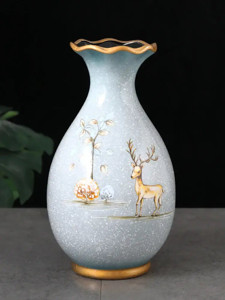 Teal and gold floral ceramic vase for dried flowers living room