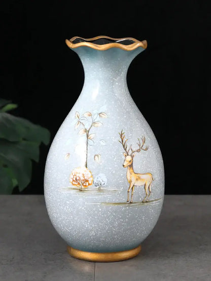 Teal and gold floral ceramic vase for dried flowers living room