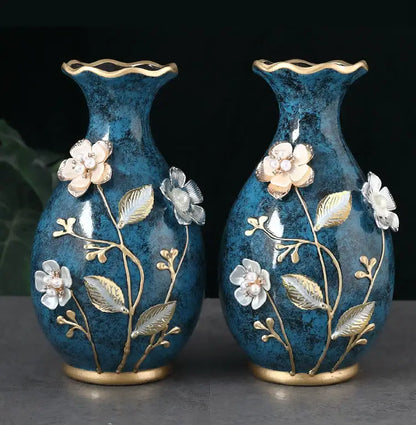 Teal and gold floral ceramic vase for dried flowers living room