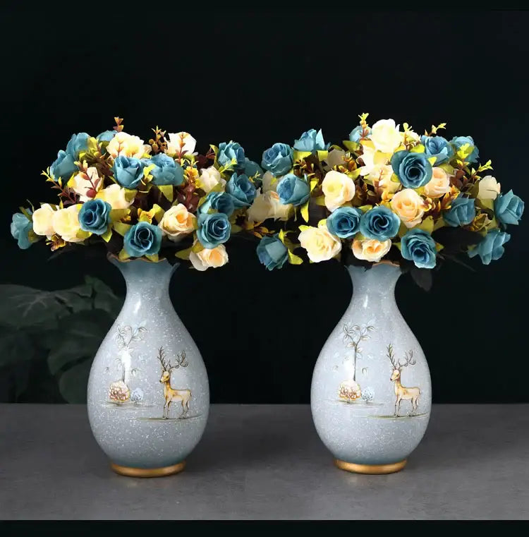 Teal and gold floral ceramic vase for dried flowers living room