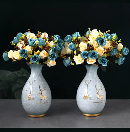 Teal and gold floral ceramic vase for dried flowers living room