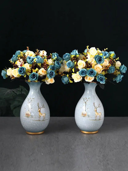 Teal and gold floral ceramic vase for dried flowers living room