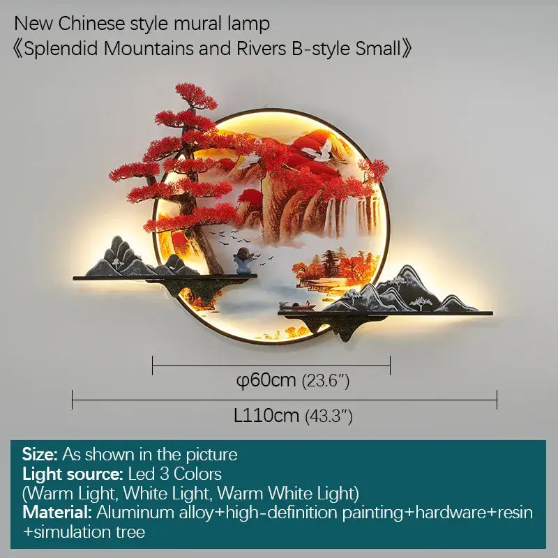 3d chinese pine landscape wall lamp living room warm backlit art