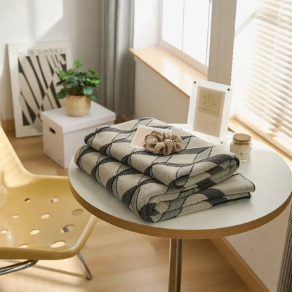 3d cube cotton knitted black & beige plaid blanket bedroom throw