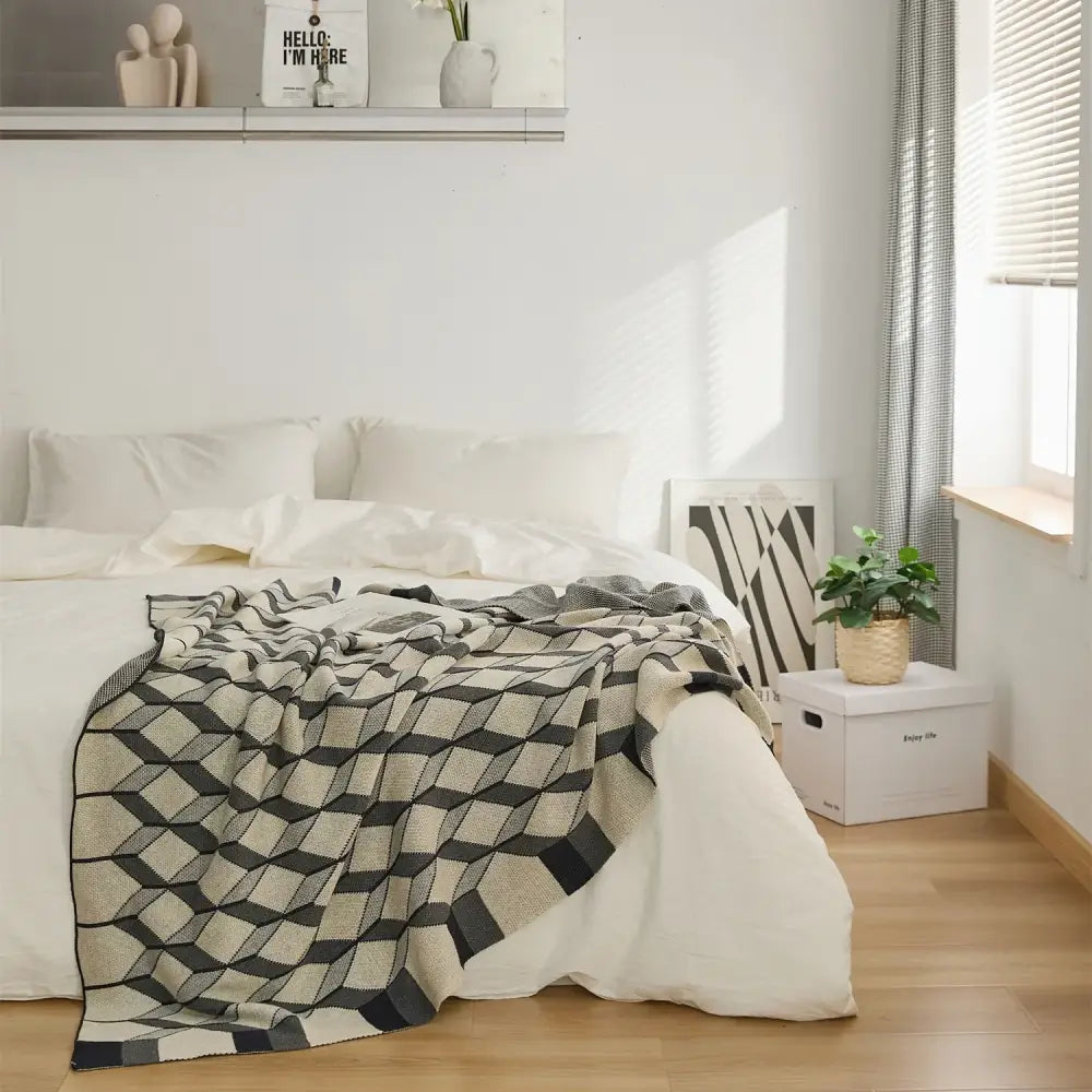 3d cube cotton knitted black & beige plaid blanket bedroom throw