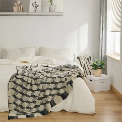 3d cube cotton knitted black & beige plaid blanket bedroom throw