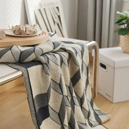 3d cube cotton knitted black & beige plaid blanket bedroom throw